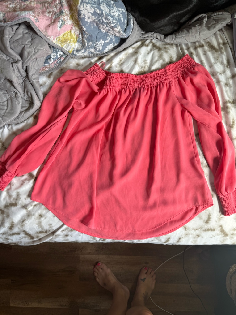 Express Coral Pink Off-Shoulder Smocked Neck Blouse